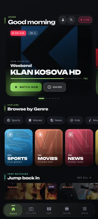 MAXTV home with the KLAN KOSOVA hero and genre tiles